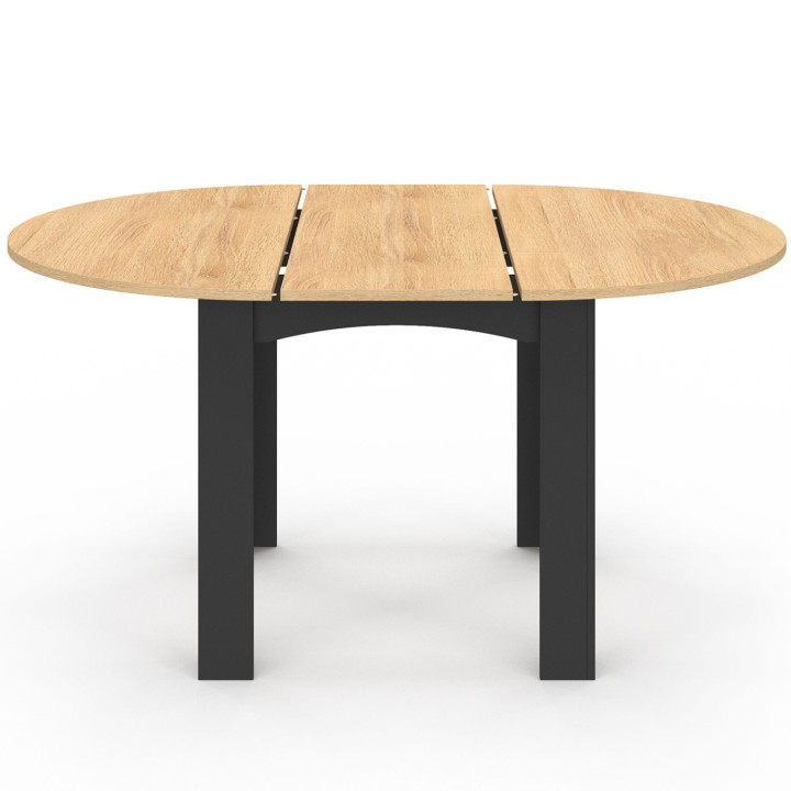 Conjunto de mesa de comedor redonda extensible DONA negra con tablero efecto haya de 110 - 150 cm y 6 sillas MILA de terciopelo