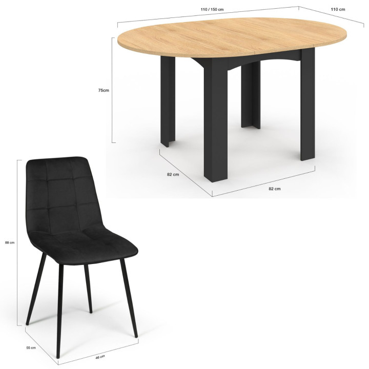 Tavolo da pranzo rotondo allungabile DONA nero con piano effetto faggio 110 - 150 cm e 6 sedie MILA in velluto nero