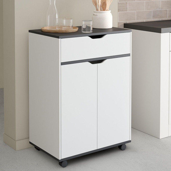 Desserte de cuisine COSY placard avec tiroir bois blanc et plateaux gris L.60 CM