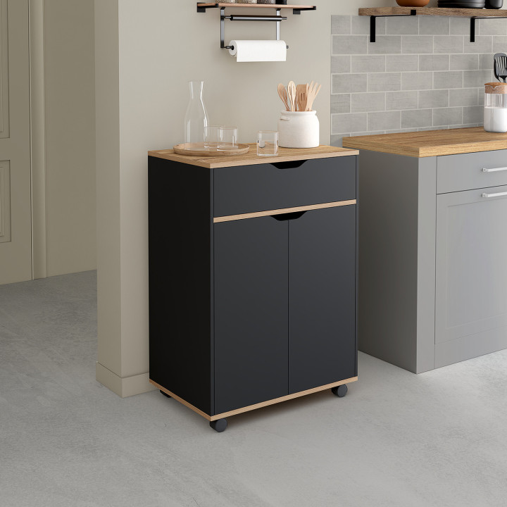 Desserte de cuisine COSY placard avec tiroir bois noir et plateaux façon hêtre L.60 CM