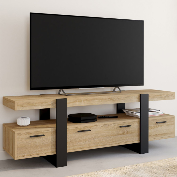 Meuble TV 140 cm PHOENIX avec tiroirs bois et noir