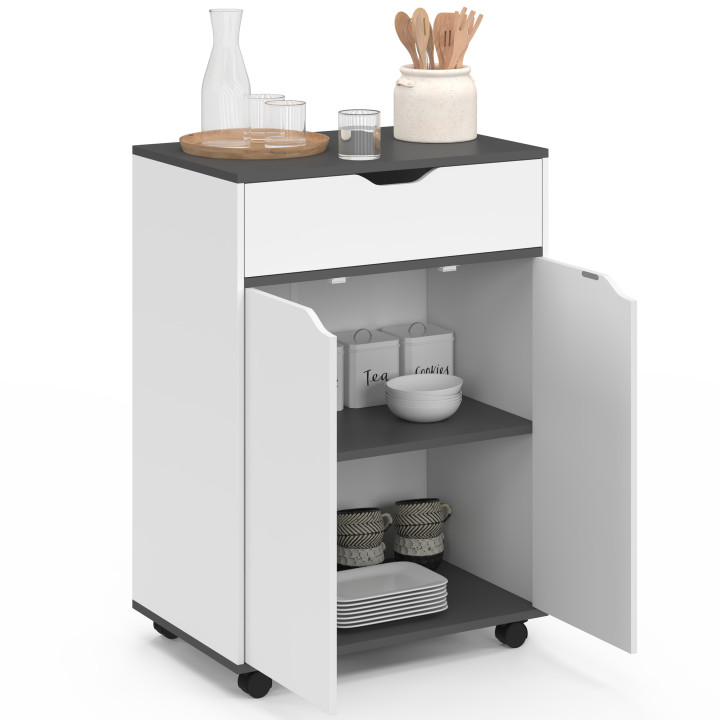 Desserte de cuisine COSY placard avec tiroir bois blanc et plateaux gris L.60 CM