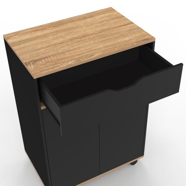 Keukentrolley op wielen, 60 cm, zwart hout en bakjes met beukeneffect - COSI | ID Market