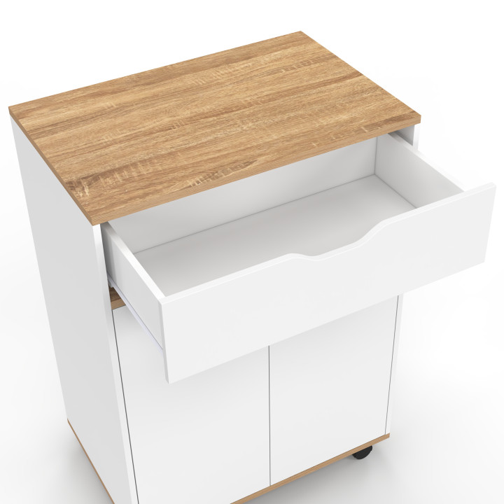 Desserte de cuisine COSY placard avec tiroir bois blanc et plateaux façon hêtre L.60 CM