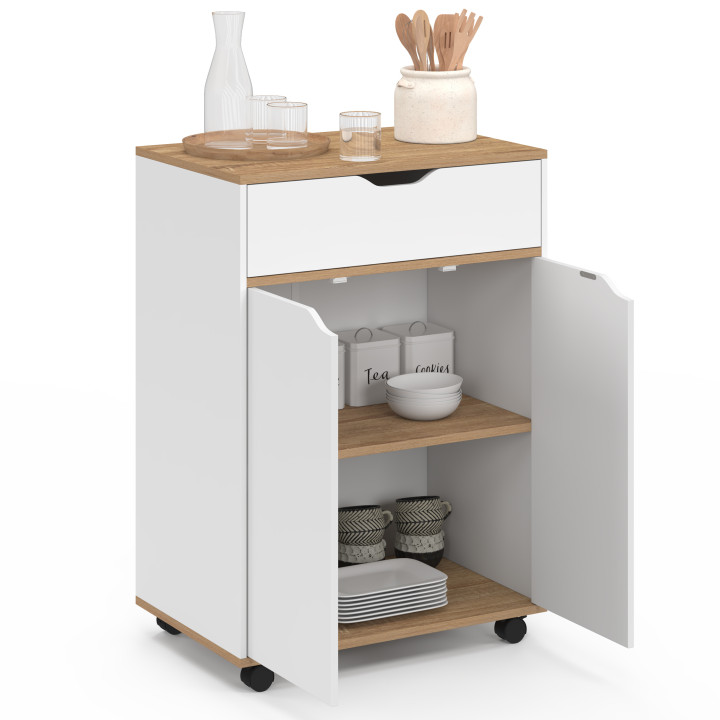 Desserte de cuisine COSY placard avec tiroir bois blanc et plateaux façon hêtre L.60 CM