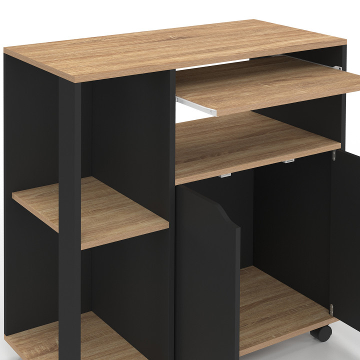 Küchenwagen mit Rollen 76 cm schwarzes Holz und Platten in Buchenoptik - COSI | ID Market