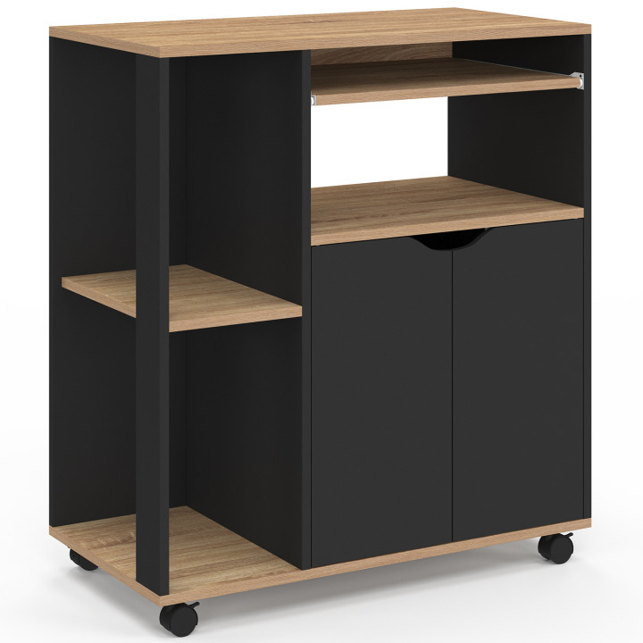 Carro de cocina con ruedas, 76 cm, madera negra y bandejas efecto haya - COSI | ID Market