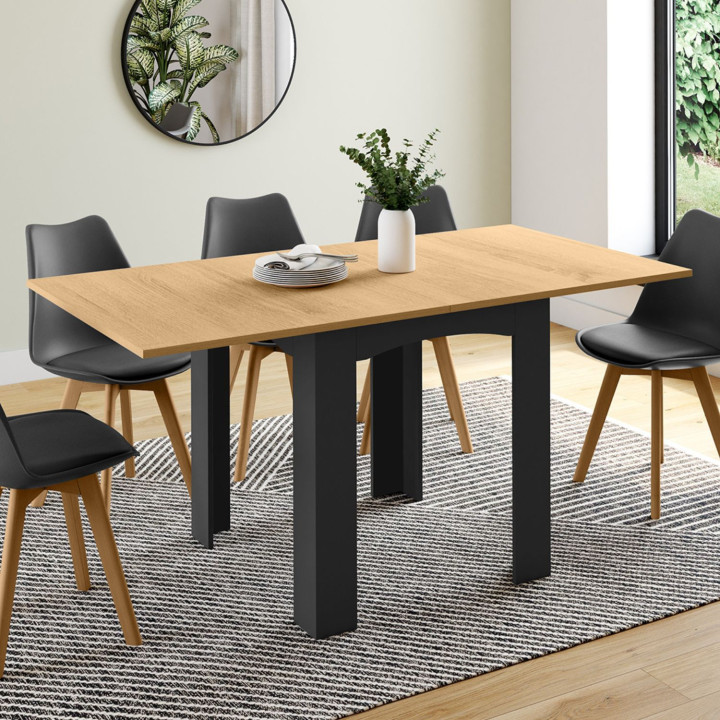 Table à manger extensible rectangle DONA 4-8 personnes noire plateau façon hêtre 80-160 cm