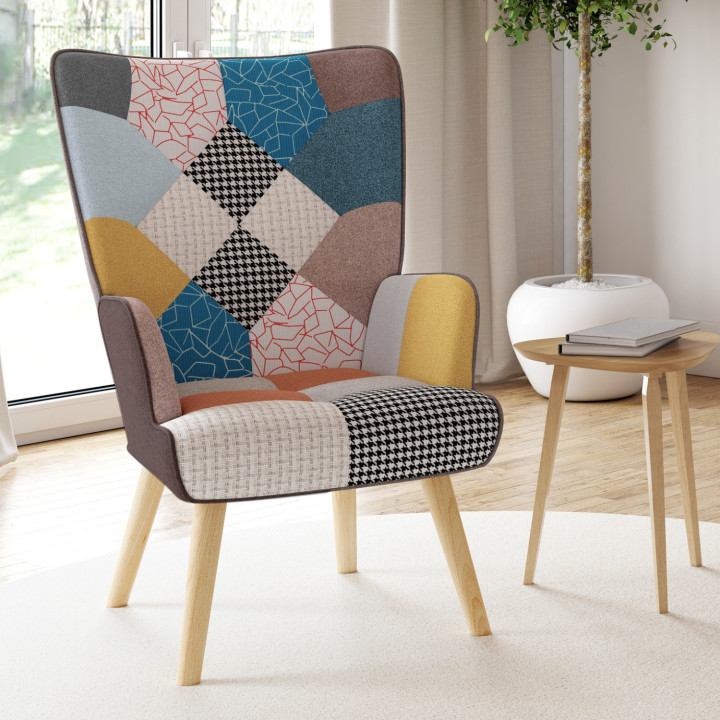 Fauteuil scandinave IVAR en tissu patchwork multicouleurs