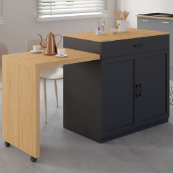 Ilot central VITO 94-155 cm bois noir avec table à manger extensible intégrée façon hêtre