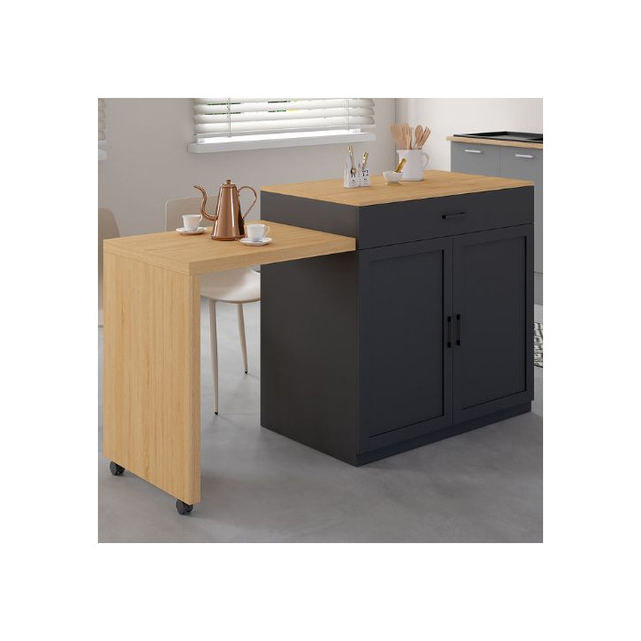 Mittelinsel aus Holz und Schwarz mit ausziehbarem Esstisch - VITO || VITO IDMarket