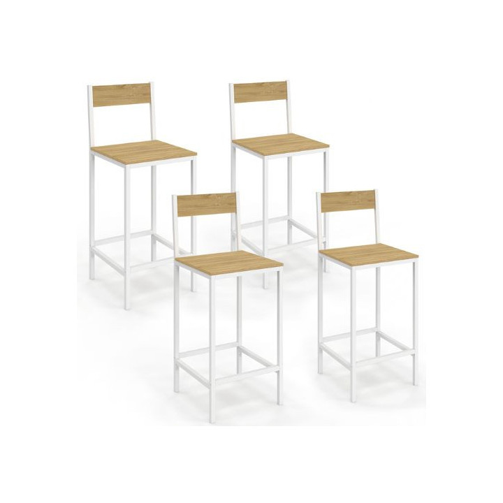 Lot de 4 tabourets de bar DETROIT design industriel bois et métal blanc