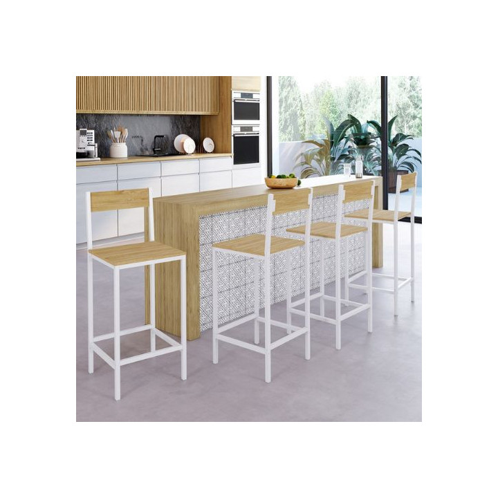 Lot de 4 tabourets de bar DETROIT design industriel bois et métal blanc