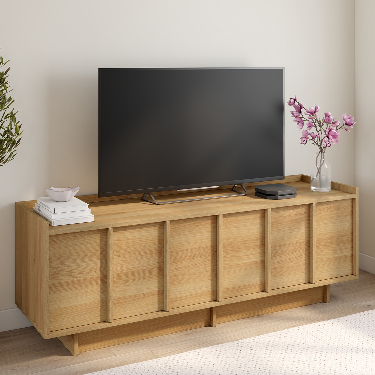 IDMARKET ID MARKET meuble tv ROSIE 3 portes 140 cm bois effet h&ecirc;tre &agrave; poser