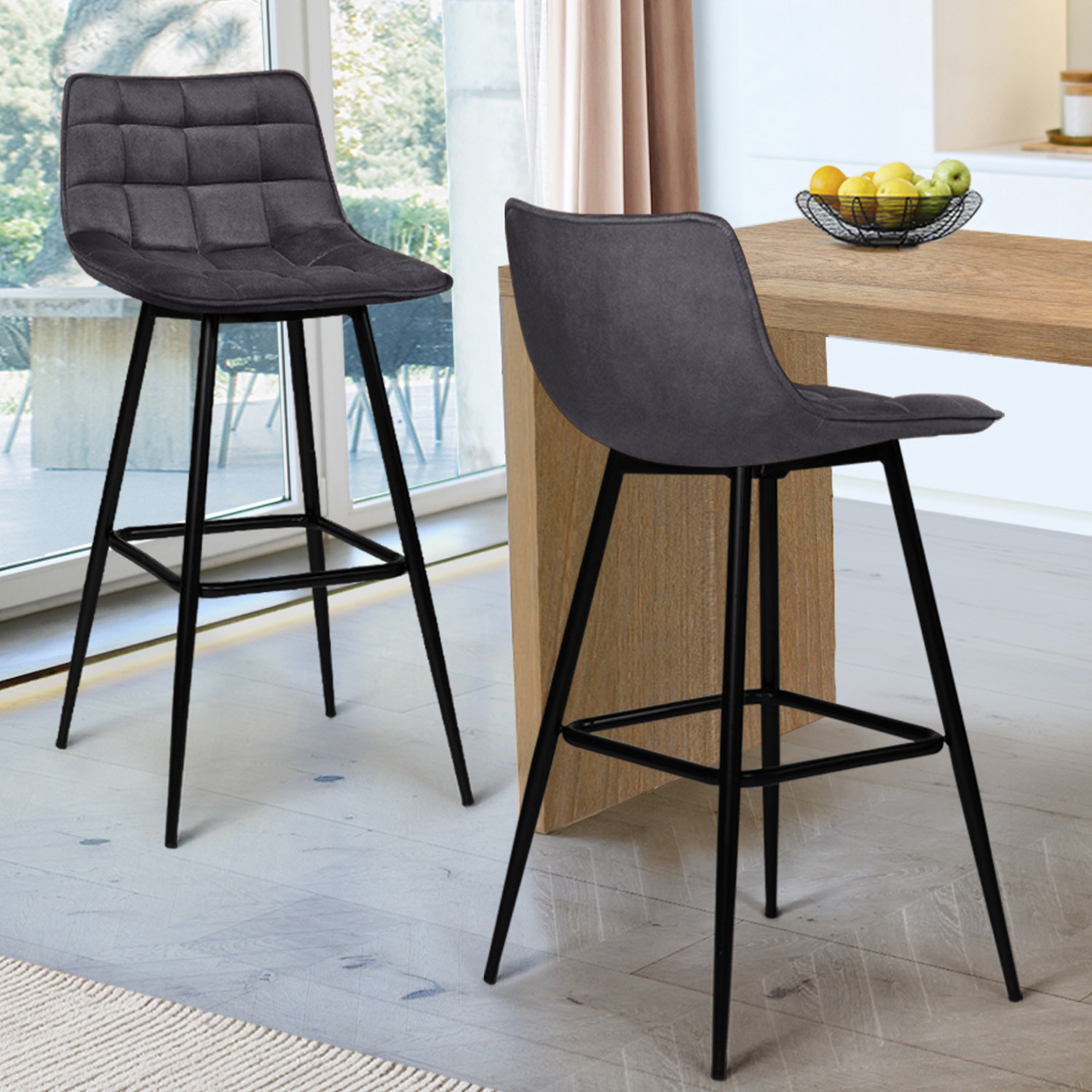 Lot de 2 tabourets de bar en velours gris foncé