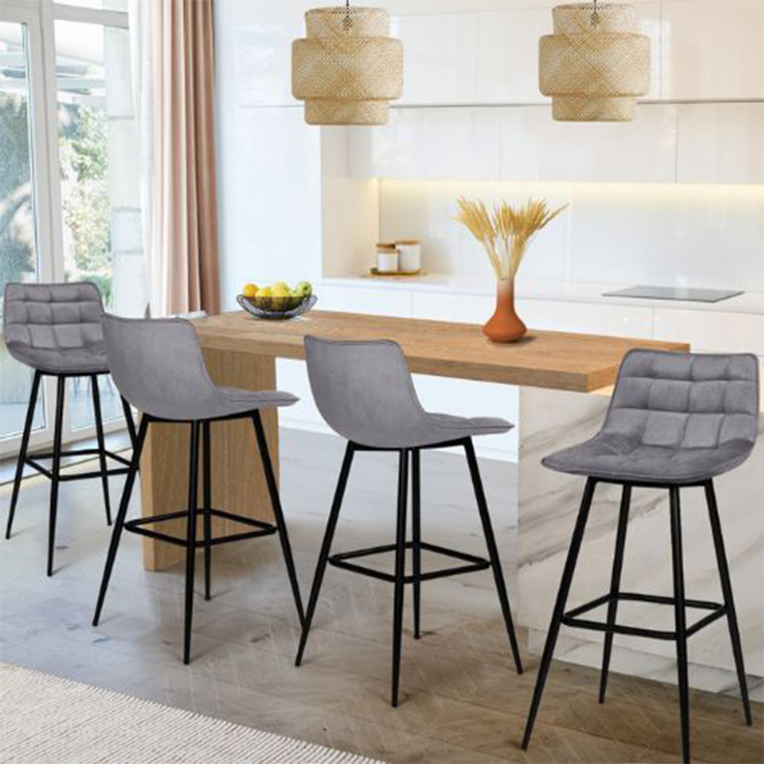 Lot de 4 tabourets gris clair en velours matelassé