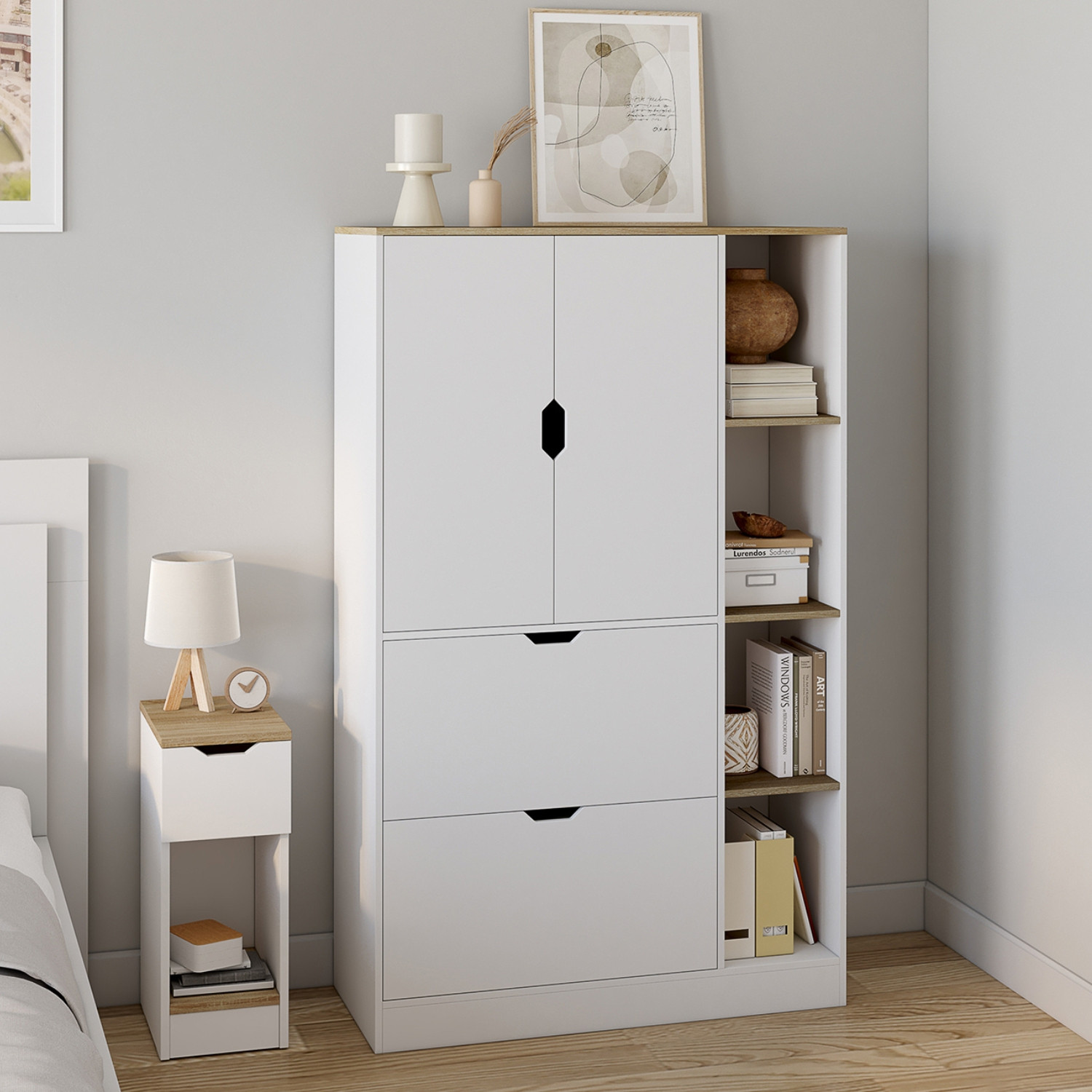 Meuble de rangement L. 80 cm pour bureau, chambre, entrée avec portes et tiroirs blanc et bois