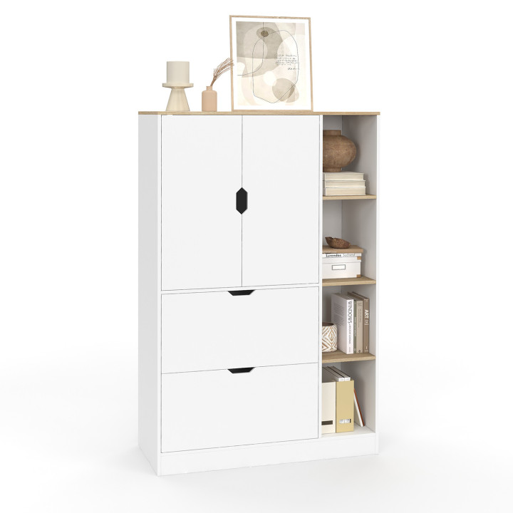 Meuble de rangement L. 80 cm NOUK pour bureau, chambre, entrée avec portes et tiroirs blanc et bois