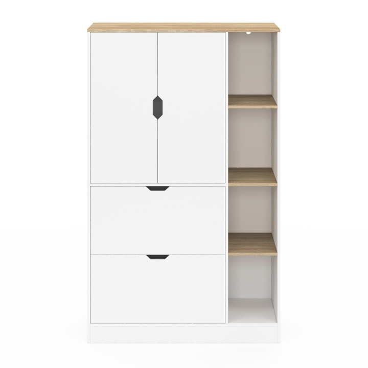 Mueble NOUK de 80 cm de ancho para oficina, dormitorio o pasillo con 3 puertas y 2 cajones en blanco y madera