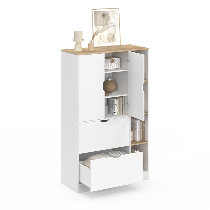 Aufbewahrungsmöbel B. 80 cm NOUK für Büro, Schlafzimmer, Flur mit 3 Türen und 2 Schubladen weiß und Holz