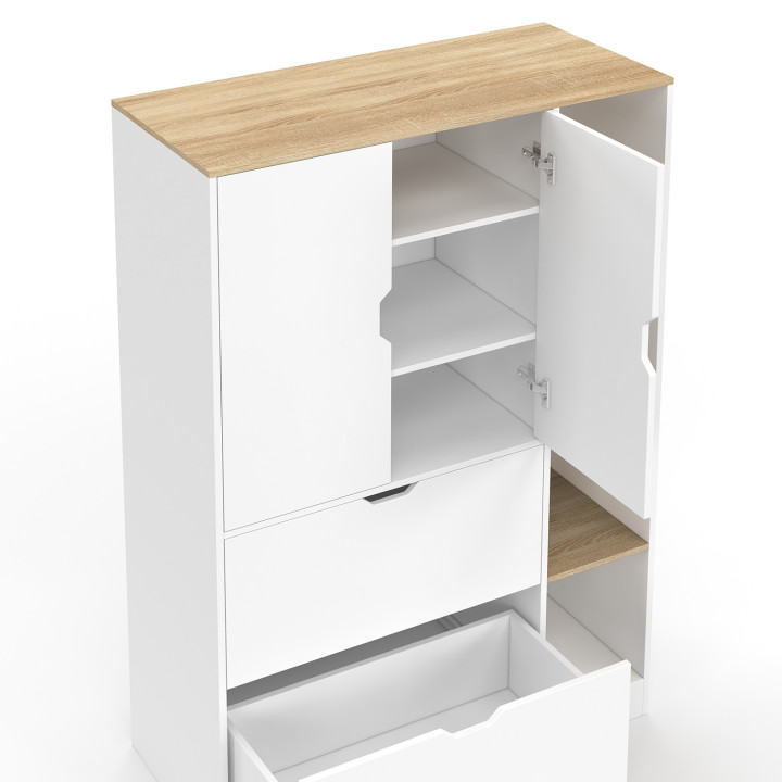 Aufbewahrungsmöbel B. 80 cm NOUK für Büro, Schlafzimmer, Flur mit 3 Türen und 2 Schubladen weiß und Holz