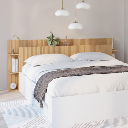 Tête de lit sur pied JULIETTE pour lit 140 et 160 cm avec rangements effet lattes tasseau bois