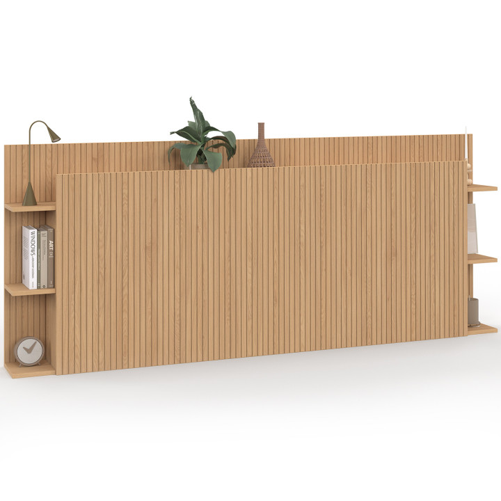 Tête de lit sur pied JULIETTE pour lit 140 et 160 cm avec rangements effet lattes tasseau bois