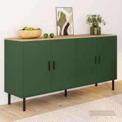 Buffet 160 cm KELIA 4 portes vert kaki et plateau bois