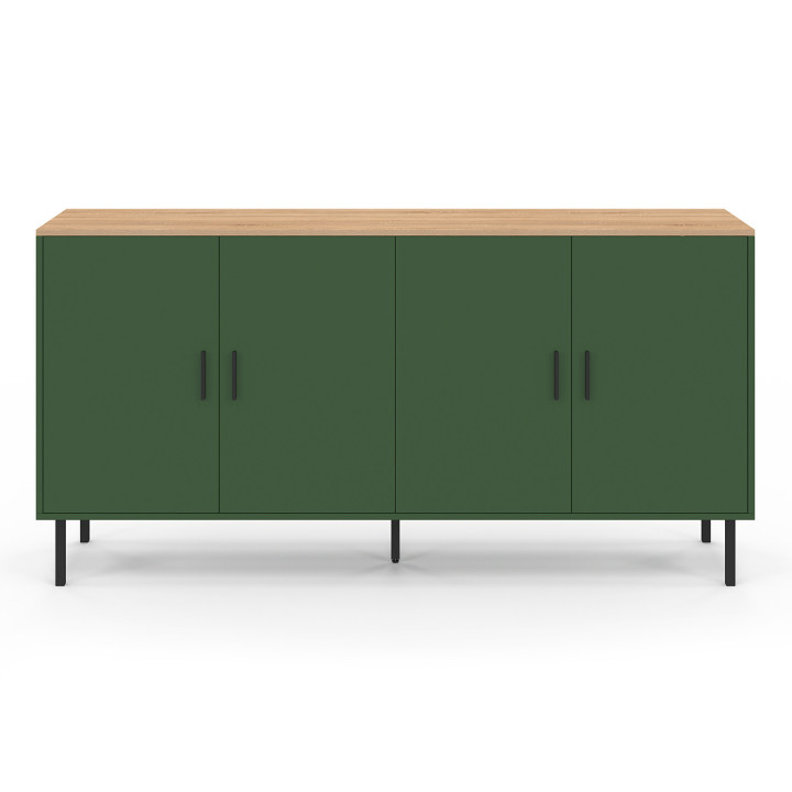 160 cm buffetkast met 4 kaki groene deuren en houten blad - KELIA | IdMarket