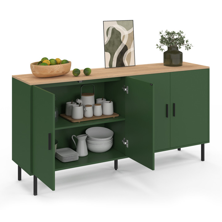 Buffet 160 cm KELIA 4 portes vert kaki et plateau bois