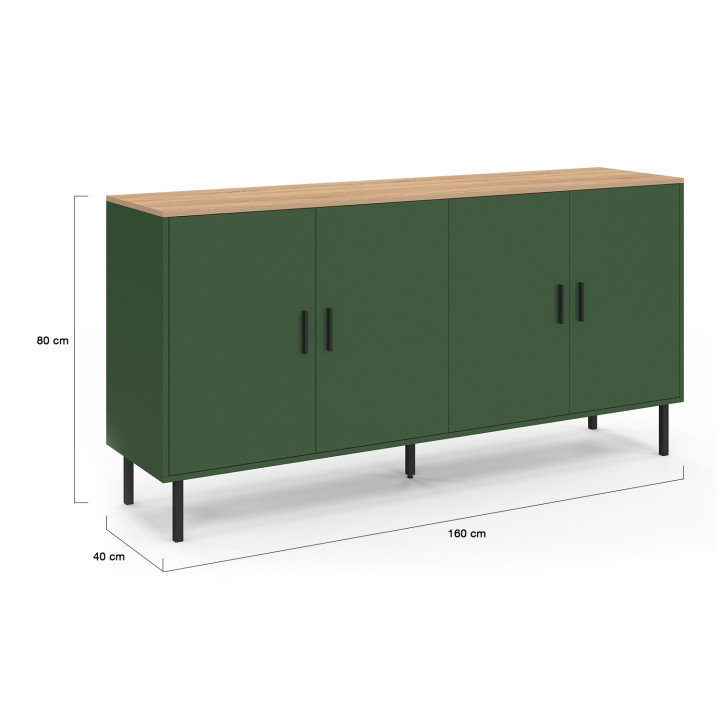 Buffet 160 cm KELIA 4 portes vert kaki et plateau bois