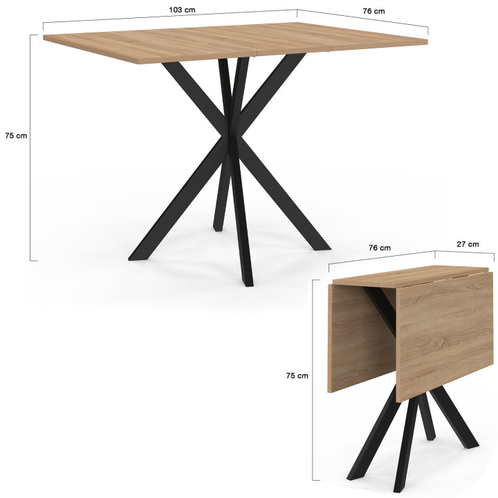 ALIX 2-4 persoons inklapbare consoletafel met houten en zwarte spinpoten 103 x 76 cm