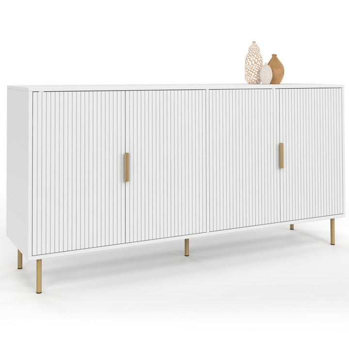 Sideboard 160 cm MARCEL 4 Türen weiß Latteneffekt und goldene Beschläge