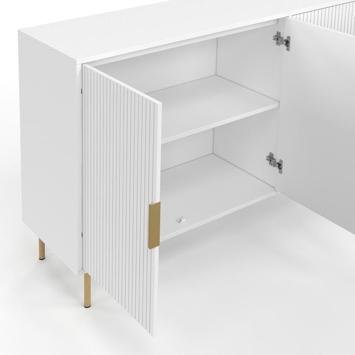 Dressoir MARCEL 160 cm, 4 witte deuren met lamelleneffect en goudkleurige afwerking