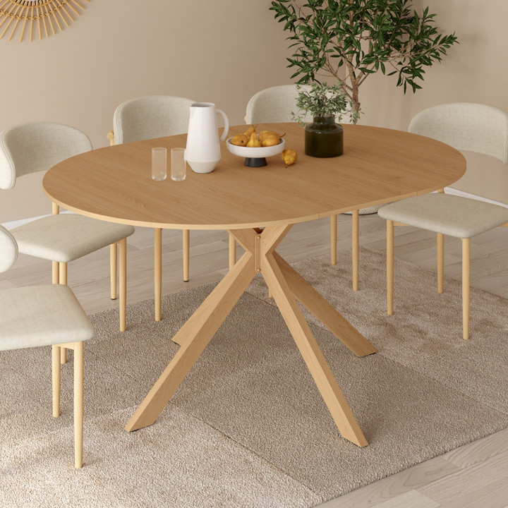 Table à manger extensible ronde ALIX 4-8 personnes pied araignée bois effet hêtre 110-150 cm