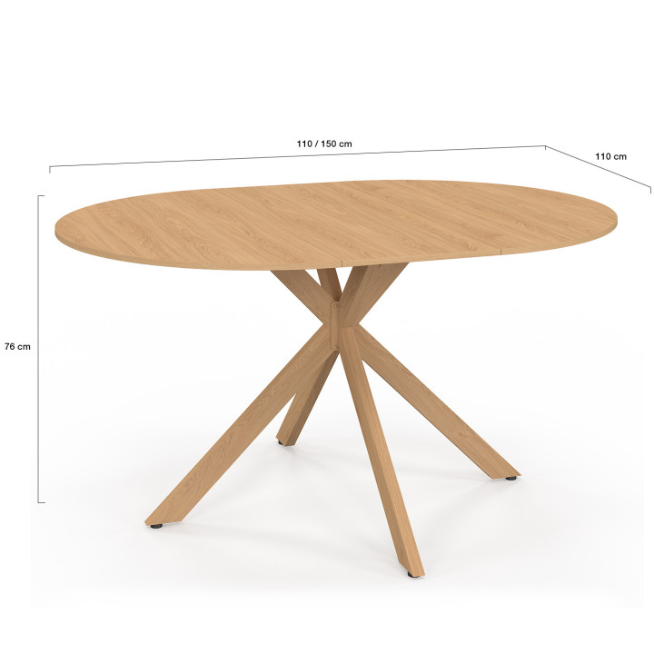 Table à manger extensible ronde ALIX 4-8 personnes pied araignée bois effet hêtre 110-150 cm