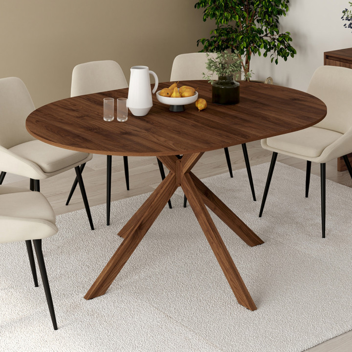 Table à manger extensible ronde ALIX 4-8 personnes pied araignée noyer 110-150 cm