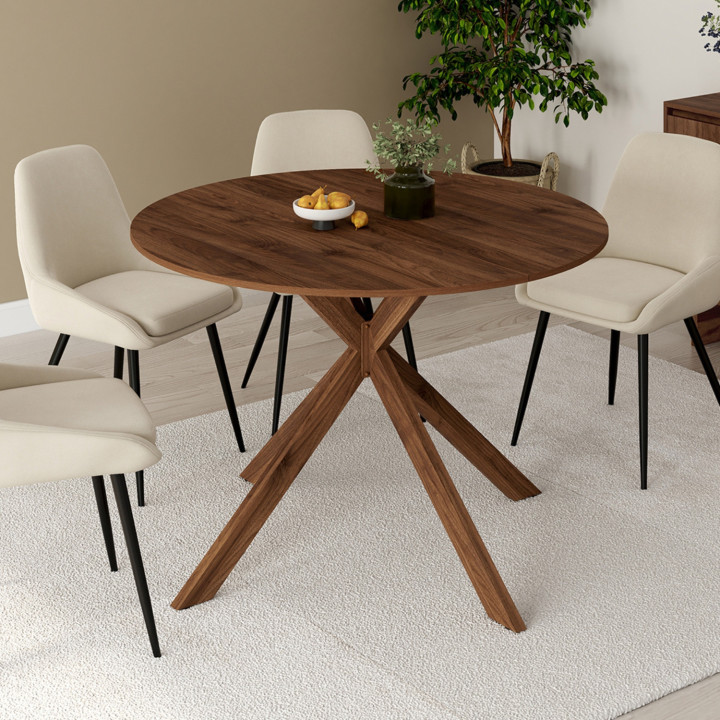 Table à manger extensible ronde ALIX 4-8 personnes pied araignée noyer 110-150 cm