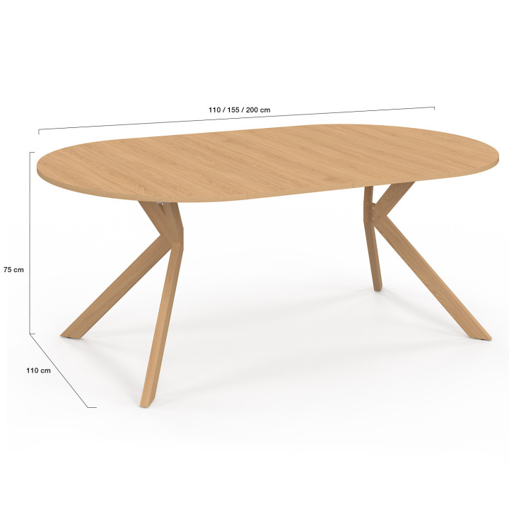 Table à manger extensible ronde ALIX 4-10 personnes pied araignée bois effet hêtre 110-200 cm