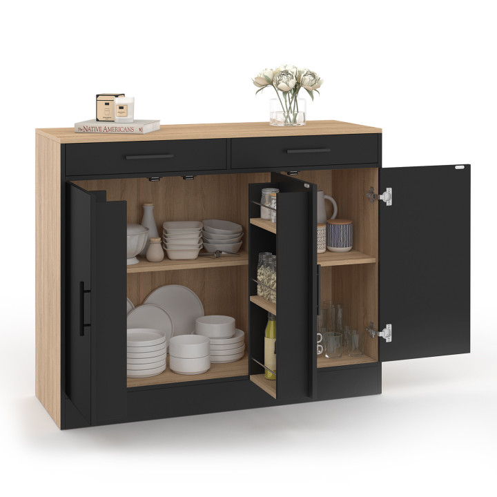 Buffet bas de cuisine 110 cmALTO  avec rangements façon hêtre et noir
