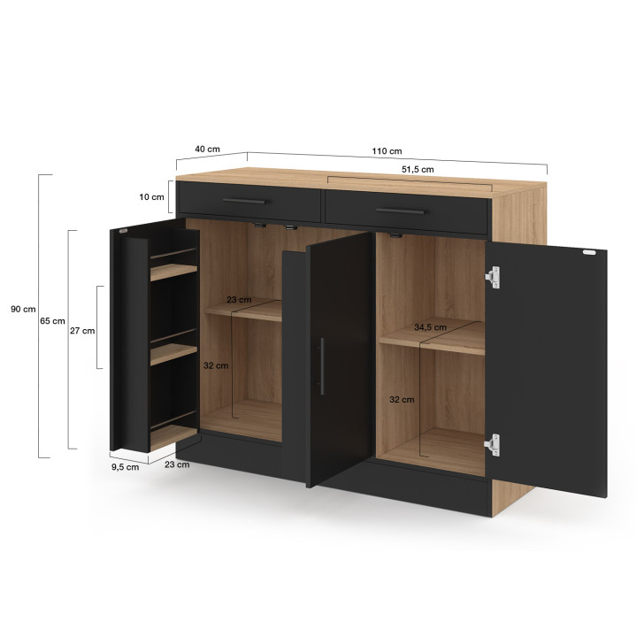 Cómoda baja de cocina ALTO 110 cm con armarios efecto haya y negro