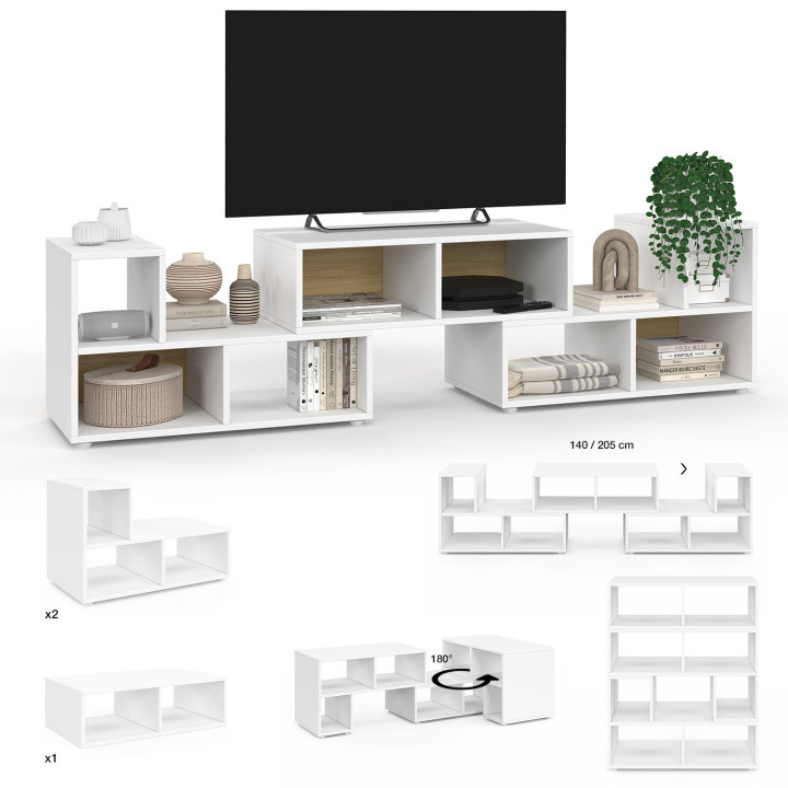 Modulair TV-meubel met 3 multifunctionele modules met wit en houteffect - LEONARD | IdMarket