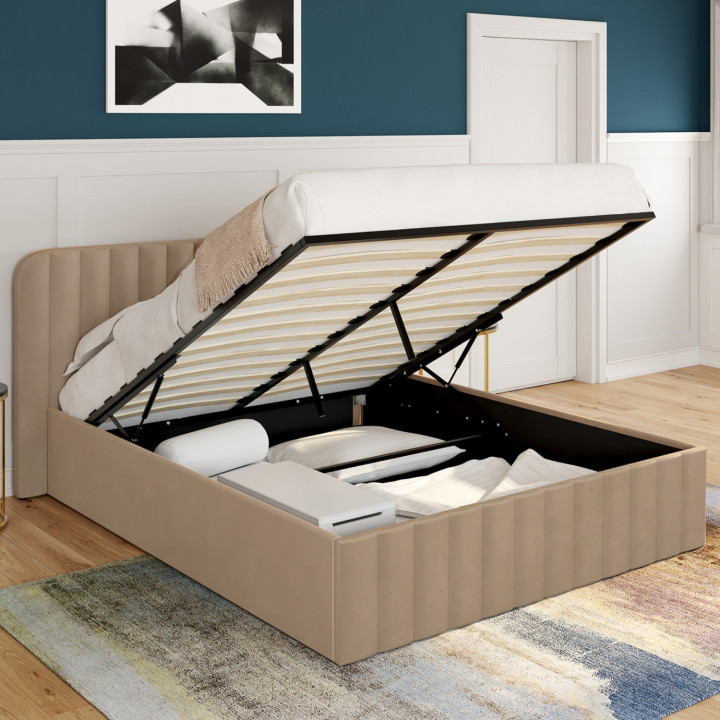 Doppelkastenbett ALBA mit Kopfteil und Lattenrost 140 x 190 cm Velours Taupe