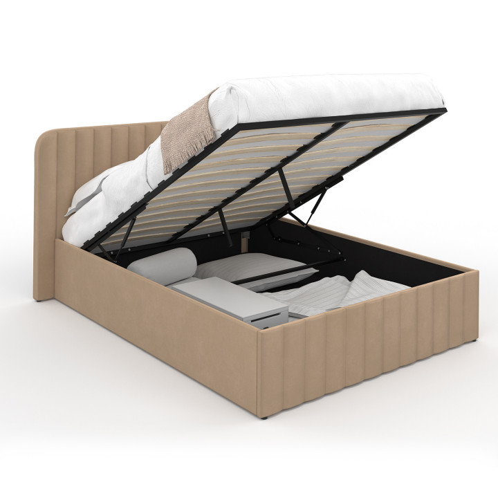 Cama de matrimonio ALBA con cabecero y somier de terciopelo topo de 140 x 190 cm