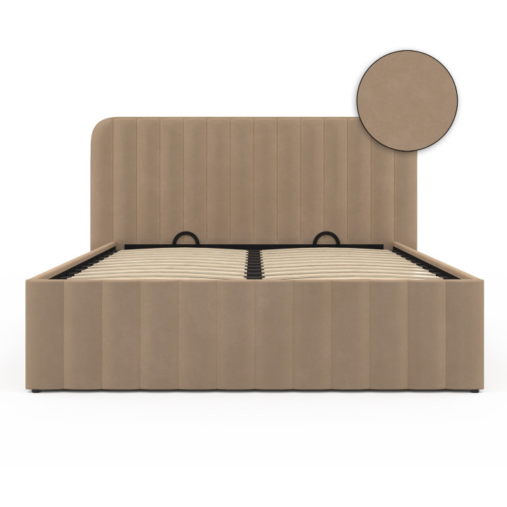 ALBA tweepersoons commodebed met hoofdbord en 140 x 190 cm taupe fluwelen lattenbodem