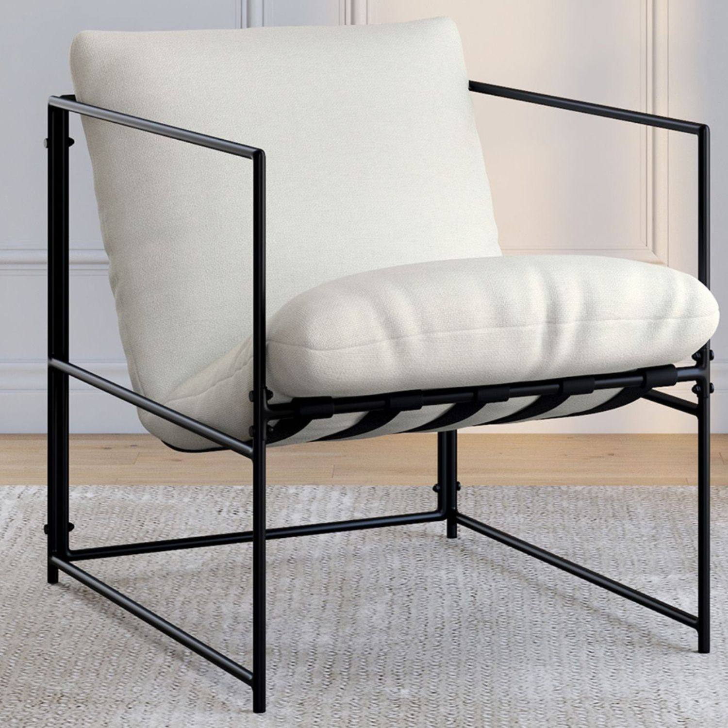 Fauteuil rembourré structure métal et coussin blanc