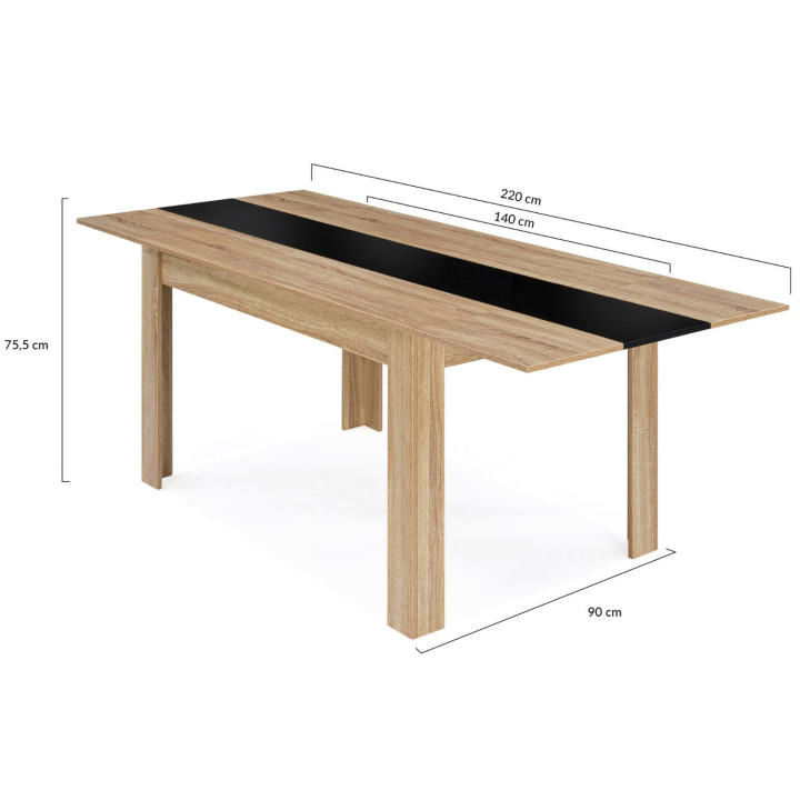 Table à manger extensible rectangle GEORGIA 6-10 personnes imitation hêtre et noire 140-220 x 90 cm