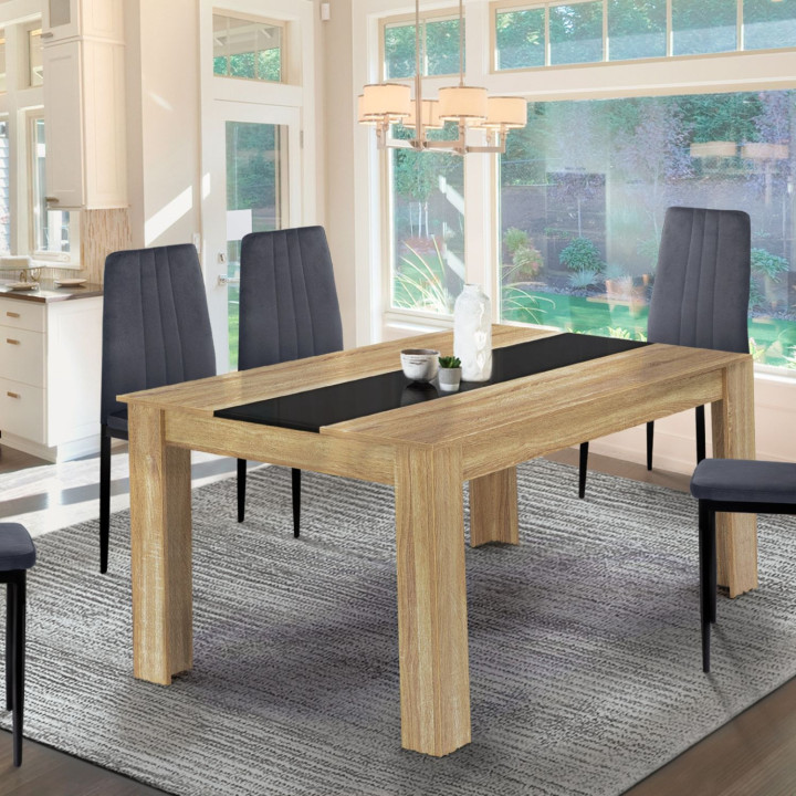 Table à manger extensible rectangle GEORGIA 6-10 personnes imitation hêtre et noire 140-220 x 90 cm