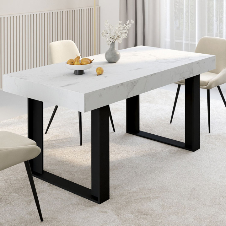 Table à manger extensible rectangle PHOENIX 4-8 personnes plateau effet marbre blanc ALASKA 160-200 cm