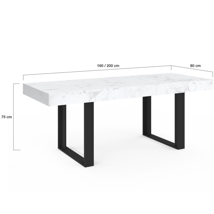 Table à manger extensible rectangle PHOENIX 4-8 personnes plateau effet marbre blanc ALASKA 160-200 cm